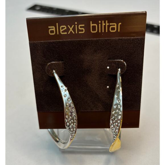 ALEXIS BITTAR Crystal Encrusted Twisted Two Tone Silver-Gold Hoop Earrings | NWT - Picture 2 of 12